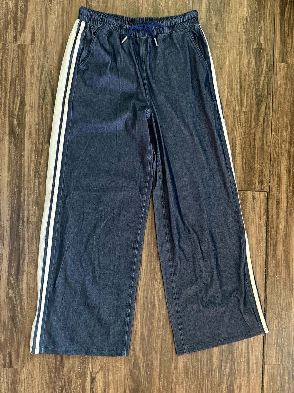 HALARA Navy Wide Leg Track Pants with White Side Stripes